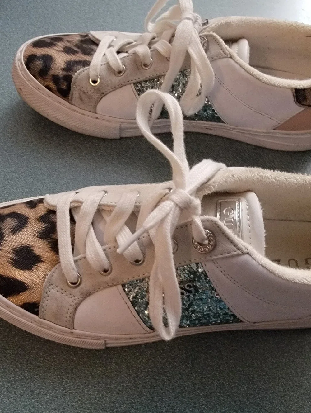 GUESS Women's White Sneakers with Leopard Print and Green Glitter Accents Size 8